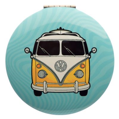 This Volkswagen VW T1 Camper Bus Compact mirror is the perfect addition to any handbag. With a classic VW design, two mirrors including one magnifying glass, it is an ideal way to check your appearance on the go. Perfect for fans of the iconic brand.  H: 6cm x W: 6cmx D:1cm  Metal and Glass