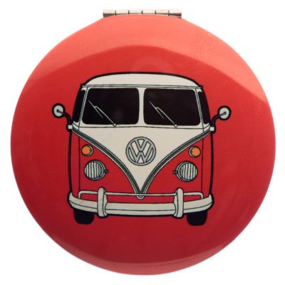 This Volkswagen VW T1 Camper Bus Compact mirror is the perfect addition to any handbag. With a classic VW design, two mirrors including one magnifying glass, it is an ideal way to check your appearance on the go. Perfect for fans of the iconic brand.  H: 6cm x W: 6cmx D:1cm  Metal and Glass