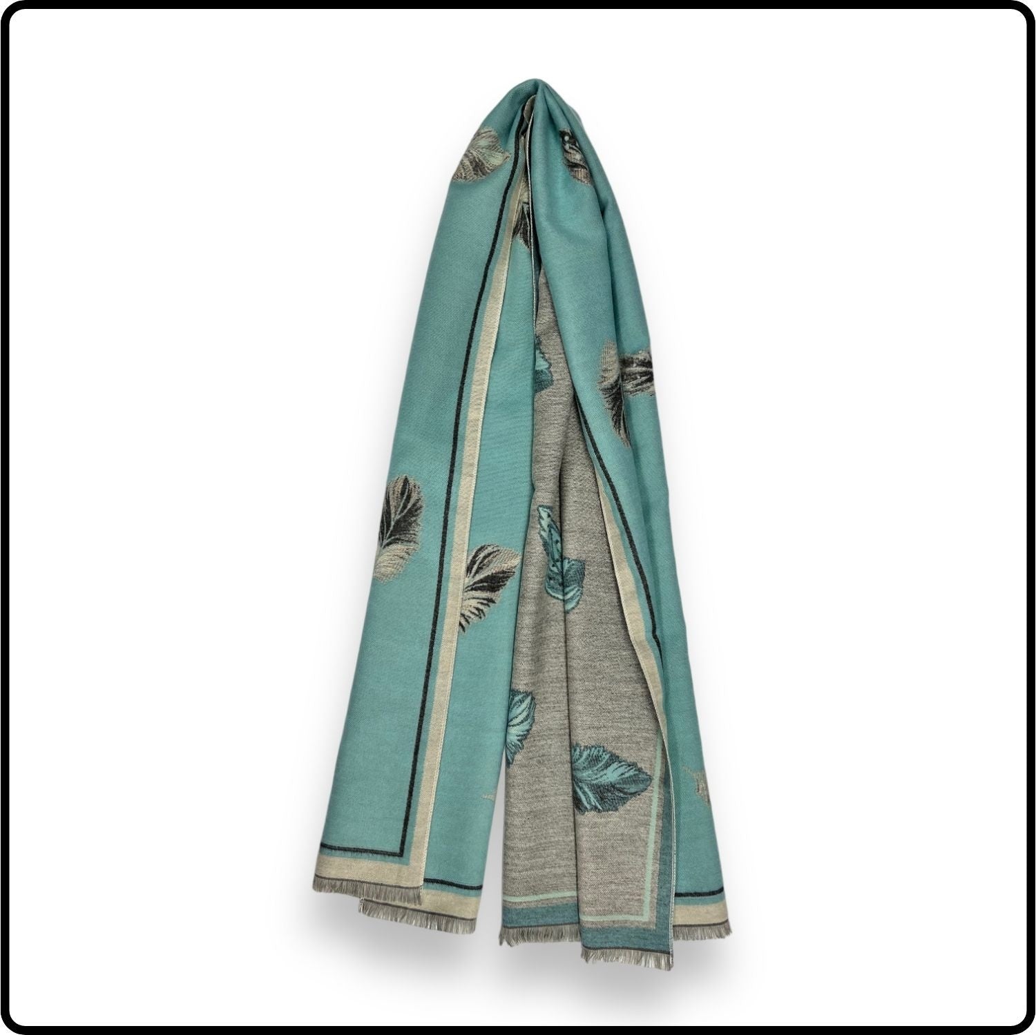 Feather print on reversible cashmere blend scarf in Duck Egg Blue-SFDB