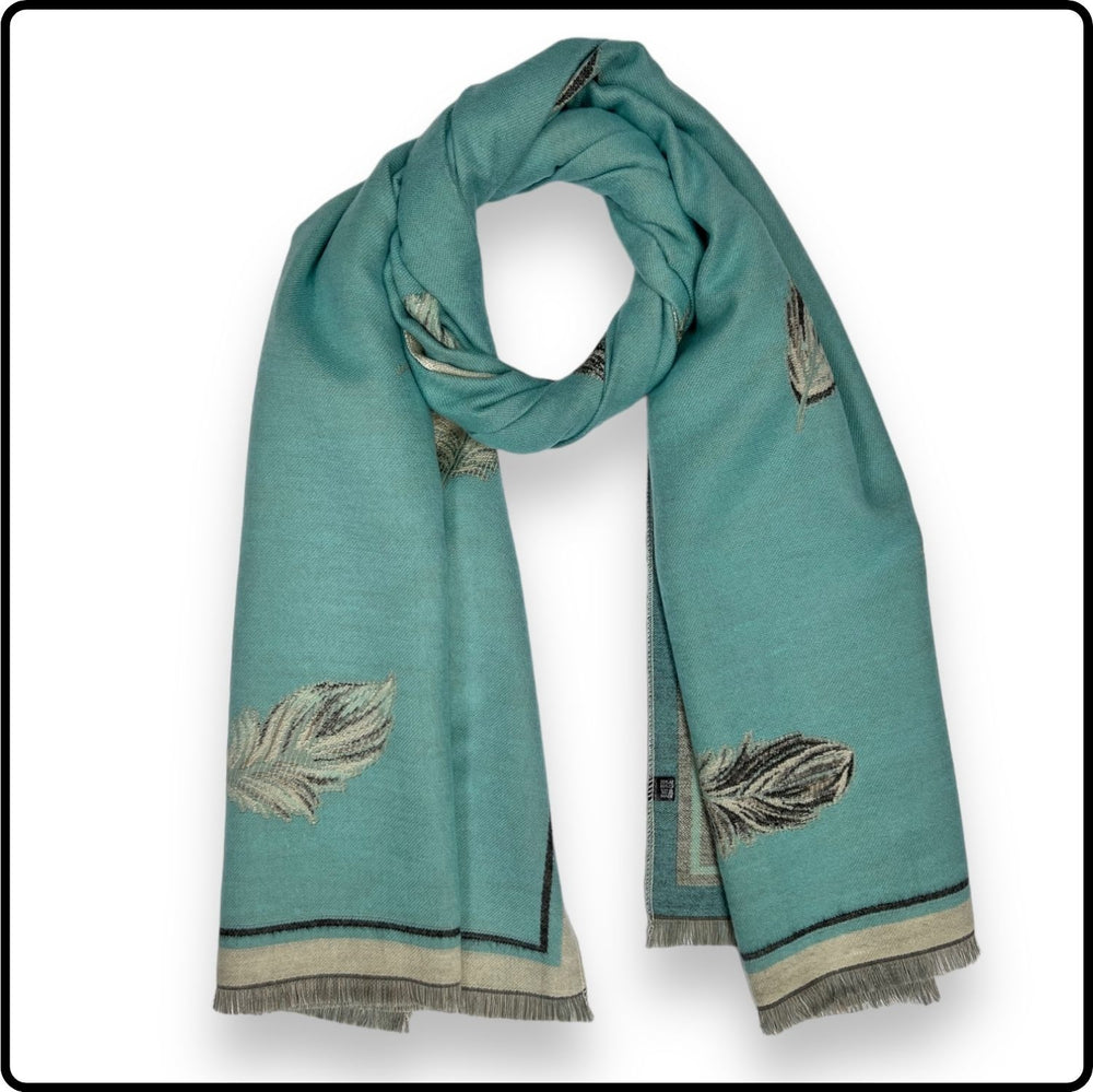 Feather print on reversible cashmere blend scarf in Duck Egg Blue-SFDB