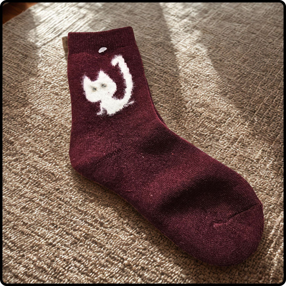 Wool Blend Cute Cat Socks in Burgundy-WCB