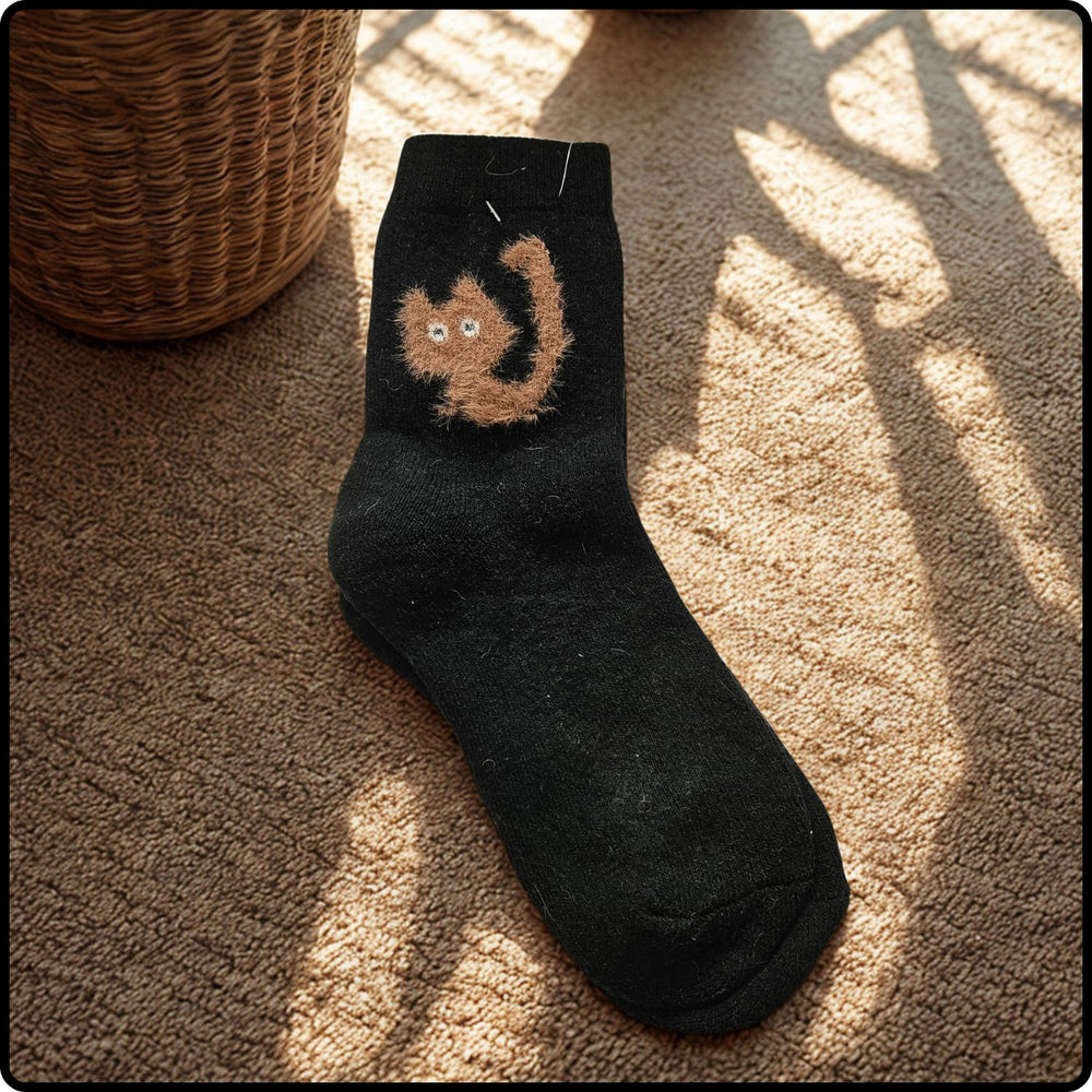 Wool Blend Cute Cat Socks in Black-WCBK