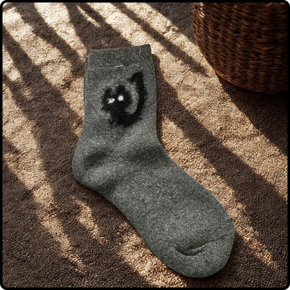 Wool Blend Cute Cat Socks in Dark Grey-WCDG