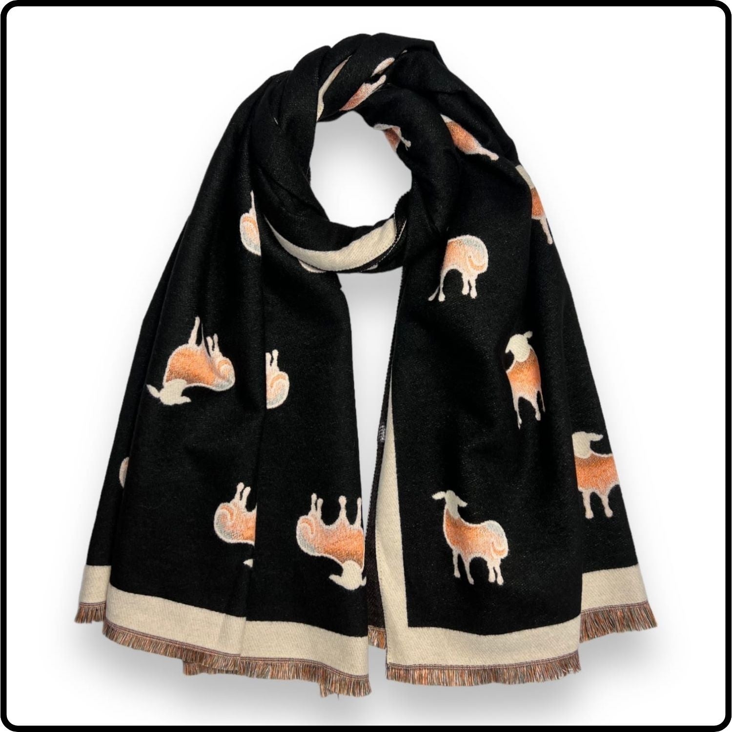 Sheep Print on Cashmere Blend Scarf with Fringes in Black-SPCB