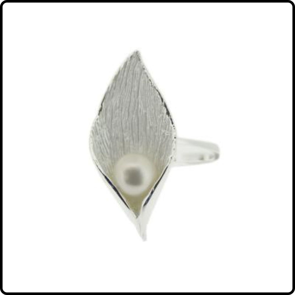 Sterling Silver Lily Leaf Ring with Pearl in Size L-PRSN