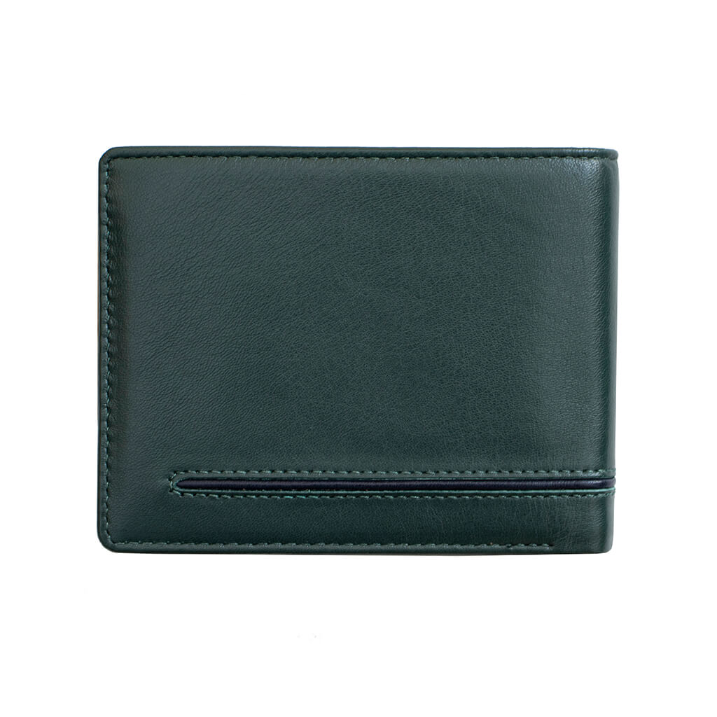 The Quinn Leather Bifold Wallet-3401/Green is an ideal choice for anyone looking for a sleek, stylish, and secure accessory. Its two tone design, bifold design, and RFID security offers an unparalleled combination of fashion and function. It also features 4 card slots, 2 note compartments, and a coin pocket to easily organize and store your essential items.  This item comes gift boxed.  11.5 x 9 x 3 cm