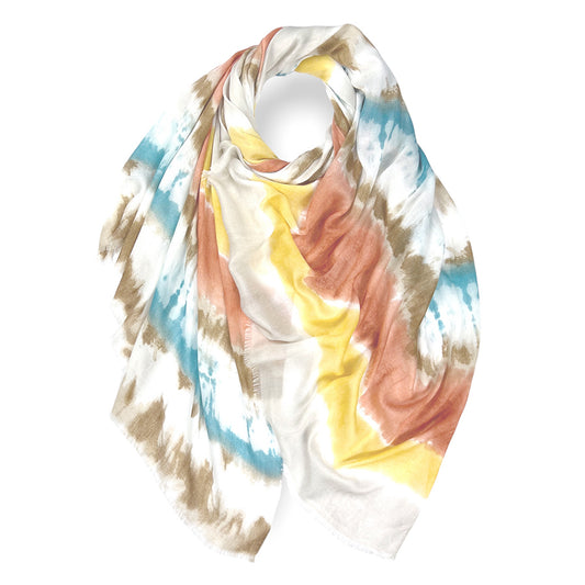 Wrap yourself in effortless style with this soft and beautiful tie dye printed scarf. Spun from a cotton-mix, this mocha-colored scarf is perfect for adding an eye-catching texture to your look. Finished with fringes, this is sure to be a statement piece in any wardrobe!    50% Cotton, 50% Viscose L: 180cm x W: 90cm (L: 71 inch x B:35 inch)  Weight: 100 grams