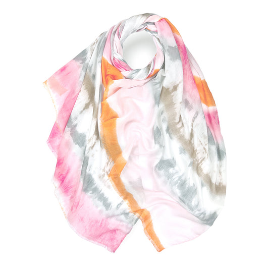 Wrap yourself in effortless style with this soft and beautiful tie dye printed scarf. Spun from a cotton-mix, this pink and orange-colored scarf is perfect for adding an eye-catching texture to your look. Finished with fringes, this is sure to be a statement piece in any wardrobe!